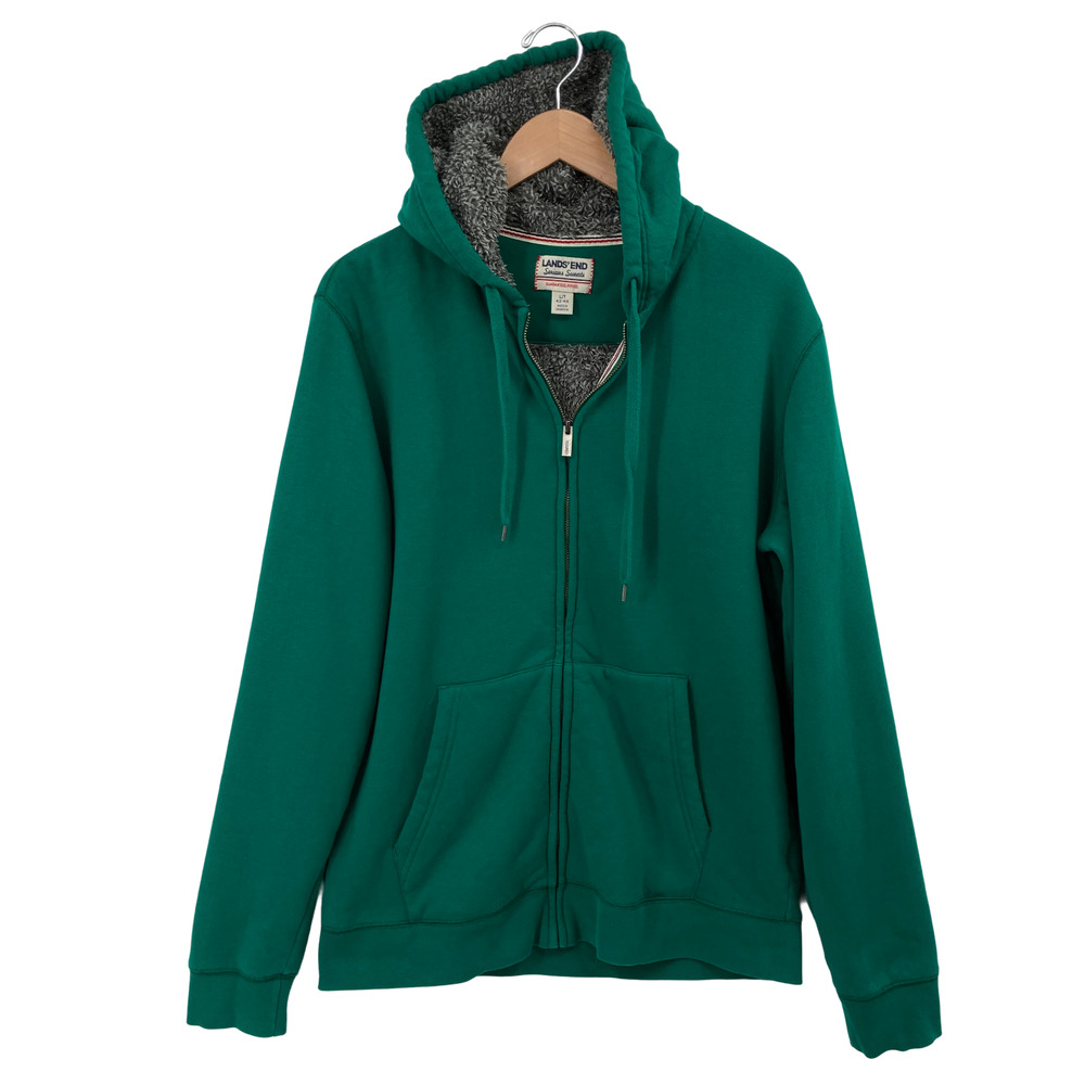 Lands' End Mens Large Tall 42-44 Serious Sweats Hoodie Green Sherpa Lined Zip